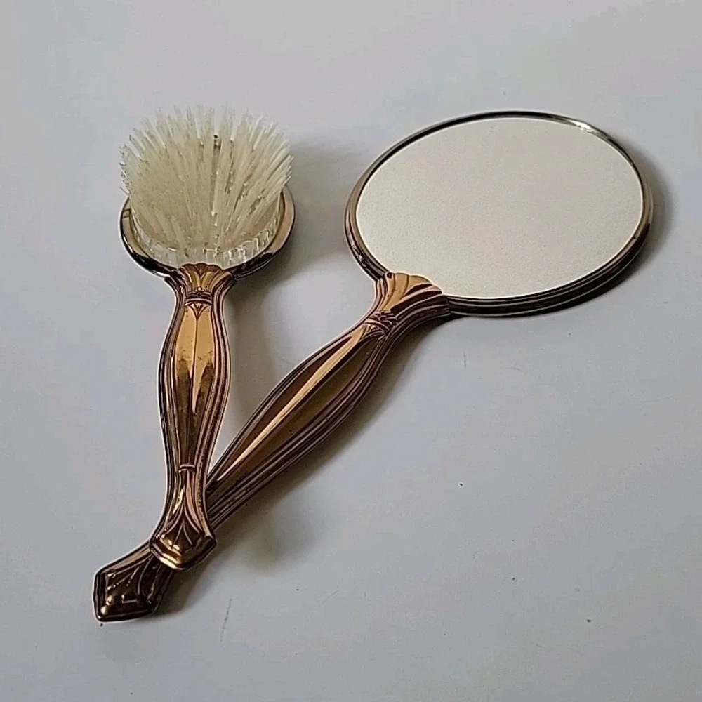 Vintage Handheld‎ Vanity Mirror Brush Set Brass Handle Ornate Floral Art Deco